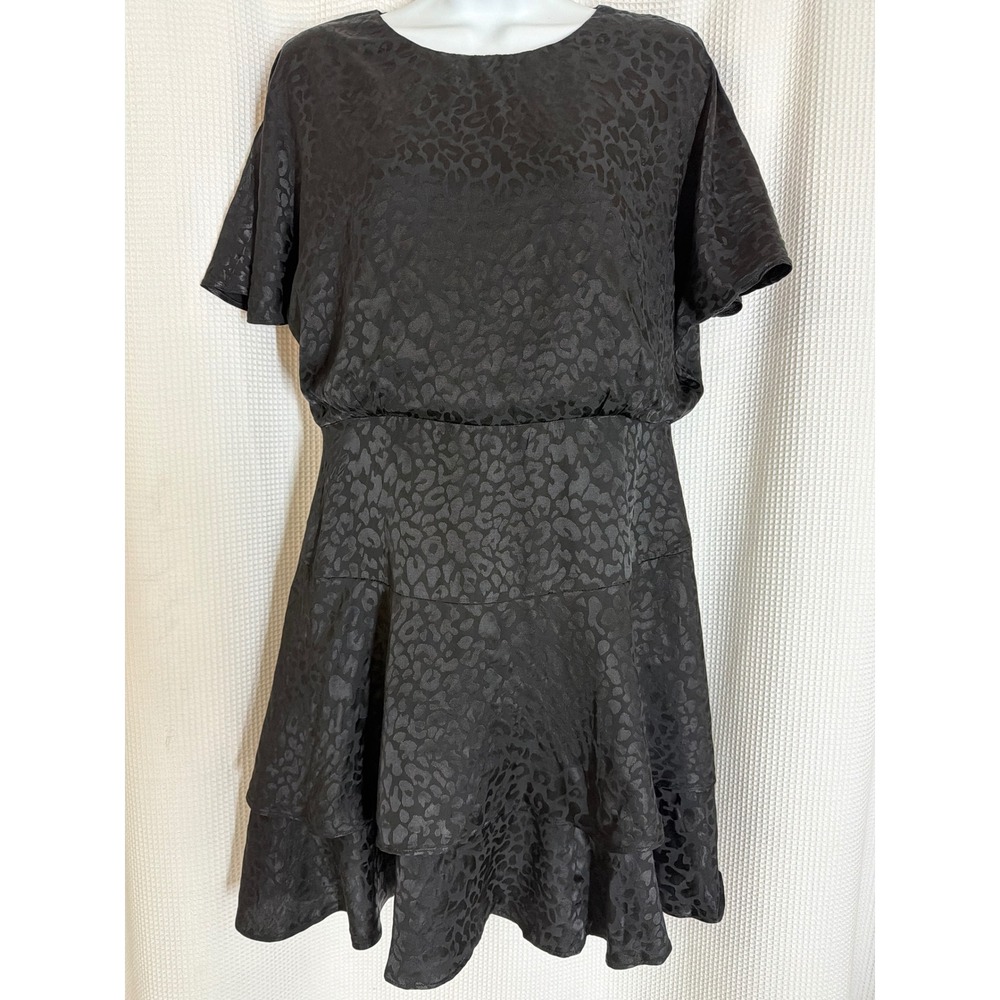 Harper Wren Black Leopard Jacquard Tiered Ruffle Dress BA1132-1 NWT Large